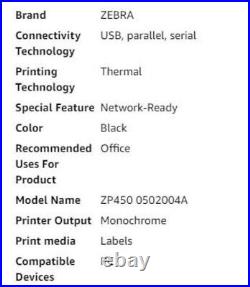 BRAND NEW Zebra ZP450 Direct Thermal Label & Barcode Printer ZP450-0502-0004A